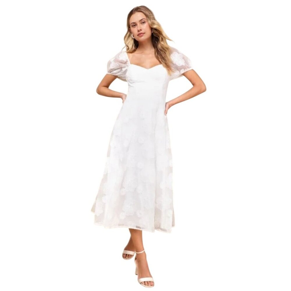 Lulus Sweetest Behavior White Embroidered Puff Sleeve Midi Dress, Size M
